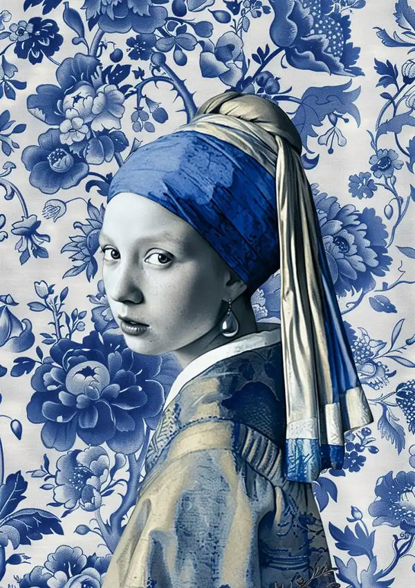 Een portret van een persoon die een hoofddoek en een pareloorring draagt. De achtergrond heeft een gedetailleerd blauw bloemenpatroon. De afbeelding maakt gebruik van een monochromatisch blauw kleurenschema, waardoor het een klassiek en tijdloos gevoel krijgt. Dit stuk is getiteld "aab 334 Delfts blauw" van CollageDepot.-