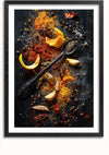Een ingelijste foto, ideaal voor wanddecoratie, toont een zwart oppervlak bezaaid met verschillende kruiden, waaronder kurkuma, rode chilipoeder, steranijs, zwarte peperkorrels, kruidnagel, laurierblaadjes, knoflookteentjes, citroenschillen en een lepel gevuld met zwarte peper. allemaal elegant weergegeven met een magnetisch ophangsysteem. Dit is het Spices And Herbs Selection Schilderij van CollageDepot.,Zwart-Met,Lichtbruin-Met,showOne,Met