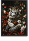 Een prachtig Majestueus Tijgerschilderij van CollageDepot toont een vorstelijke witte tijger versierd met een kroon met juwelen en een ingewikkeld kledingstuk, omringd door levendige rode en witte tulpen en vlinders. Deze prachtige wanddecoratie zorgt voor een opvallend contrast met zijn kleurrijke achtergrond, perfect voor elke ruimte met een magnetisch ophangsysteem.,Zwart-Zonder,Lichtbruin-Zonder,showOne,Zonder
