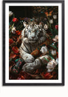 Een ingelijst Majestic Tiger Schilderij van CollageDepot toont een witte tijger met een sierlijke kroon en gewaad, omringd door een verscheidenheid aan levendige bloemen, waaronder tulpen en vlinders. Deze koninklijke wanddecoratie straalt een vorstelijke en fantastische sfeer uit.,Zwart-Met,Lichtbruin-Met,showOne,Met