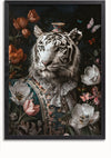 Een ingelijst Princess Tiger-schilderij van CollageDepot met een witte tijger gekleed in uitgebreide, sierlijke kleding, omringd door een verscheidenheid aan bloemen en vlinders, met levendige kleuren en ingewikkelde details. Ideale wanddecoratie, hij wordt geleverd met een magnetisch ophangsysteem voor eenvoudige presentatie.,Zwart-Zonder,Lichtbruin-Zonder,showOne,Zonder