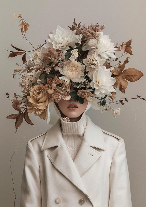 Het gezicht van een persoon die een crèmekleurige jas en een coltrui draagt, wordt gedeeltelijk verborgen door "aab 025 - exclusives" van CollageDepot, een groot, ingewikkeld arrangement van bloemen en bladeren in verschillende tinten wit, beige en bruin. De achtergrond is neutraal.-