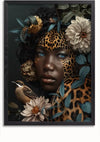 Een portretschilderij met een vrouw met een donkere huid en luipaardhuidpatronen. Ze heeft blauwe ogen en is omringd door grote bloemen, waaronder witte bloemen, en groene bladeren. Op een van de bloemen zit een vogeltje. De donkere achtergrond accentueert het onderwerp en het gebladerte, waardoor een opvallende compositie ontstaat die doet denken aan een bloemstuk, vervaardigd als een aaa 102 Exclusive door CollageDepot.,Zwart-Zonder,Lichtbruin-Zonder,showOne,Zonder