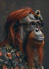 Een orang-oetan met lang roodachtig haar, een bril en een gebloemd overhemd dragend, wordt weergegeven in een portretstijl. Op zijn kop zit een klein vogeltje. De achtergrond is donker en effen. Kunt u de productbeschrijving geven voor de aaa 114 Exclusive van CollageDepot, zodat ik u kan helpen belangrijke SEO-zoekwoorden te vinden?-