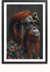 Een ingelijste afbeelding van een orang-oetan met lang rood haar, een bril en een gebloemd shirt. Op zijn kop zit een kleine vogel met kleurrijk verenkleed. De donkere achtergrond benadrukt het onderwerp prachtig, waardoor een boeiend tafereel ontstaat. Dit is de aaa 114 Exclusive van CollageDepot.,Zwart-Met,Lichtbruin-Met,showOne,Met