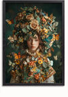 Een ingelijst kunstwerk met de titel "aaa 123 Exclusive" van CollageDepot toont een meisje versierd met een uitgebreide hoofdtooi en outfit gemaakt van bloemen, bladeren en vlinders. De donkergroene achtergrond accentueert het kleurrijke, ingewikkelde natuurthema van haar kleding, waardoor een harmonieuze mix van kunst en op de natuur geïnspireerde schoonheid ontstaat.,Zwart-Zonder,Lichtbruin-Zonder,showOne,Zonder