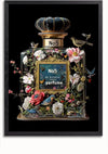 Een ingelijste foto van een zwarte parfumfles met het opschrift "aaa 136 Exclusive parfum" van CollageDepot. De fles is versierd met verschillende bloemen, vogels en een vlinder, waardoor een decoratief en kleurrijk geheel ontstaat tegen een zwarte achtergrond. Het lijkt erop dat de productbeschrijving ontbreekt. Kunt u de volledige productbeschrijving geven, zodat ik u kan helpen belangrijke SEO-zoekwoorden voor u te identificeren?,Zwart-Zonder,Lichtbruin-Zonder,showOne,Zonder