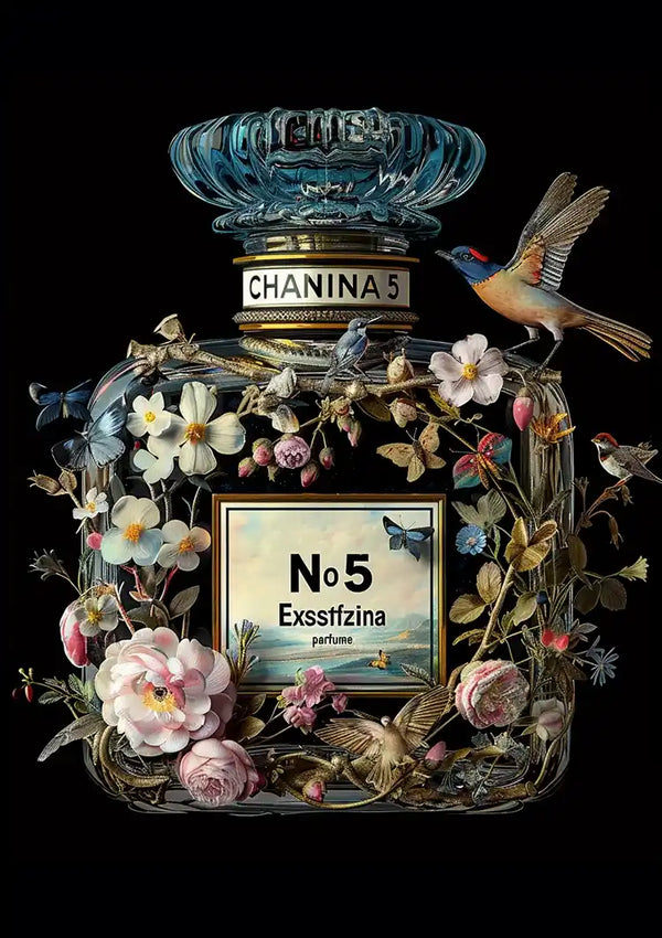 Een decoratief parfumflesje met het opschrift "aaa 137 Exclusive parfum" met de merknaam "CollageDepot" op een gouden etiket. De fles, versierd met bloemen, vogels en vlinders in een ingewikkeld en artistiek ontwerp tegen een zwarte achtergrond, lijkt erop dat de productbeschrijving de essentiële details mist.-
