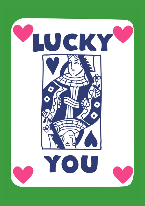 Een grafische afbeelding met een Lucky You-speelkaart met de hartenboer, omgeven door roze harten en de woorden "LUCKY" bovenaan en "YOU" onderaan, alles tegen een groene achtergrond.
