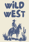 CollageDepot's Wild West-schilderij met een silhouet van een cowboy op een paard met de uitdrukking "WILD WEST" erboven, tegen een effen achtergrond, omringd door cactussen en woestijnstruiken.
