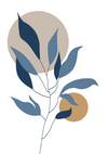 Minimalistisch schilderij van een plant met gestileerde blauwe bladeren en dunne zwarte takken. Op de achtergrond zijn twee abstracte cirkels te zien, één beige en de andere lichtbruin. De bladeren hebben een golvende en langwerpige vorm, waardoor een moderne, artistieke esthetiek ontstaat. Perfect als wanddecoratie met een magnetisch ophangsysteem. Maak kennis met het **Abstracte Plant Schilderij** van **CollageDepot**!