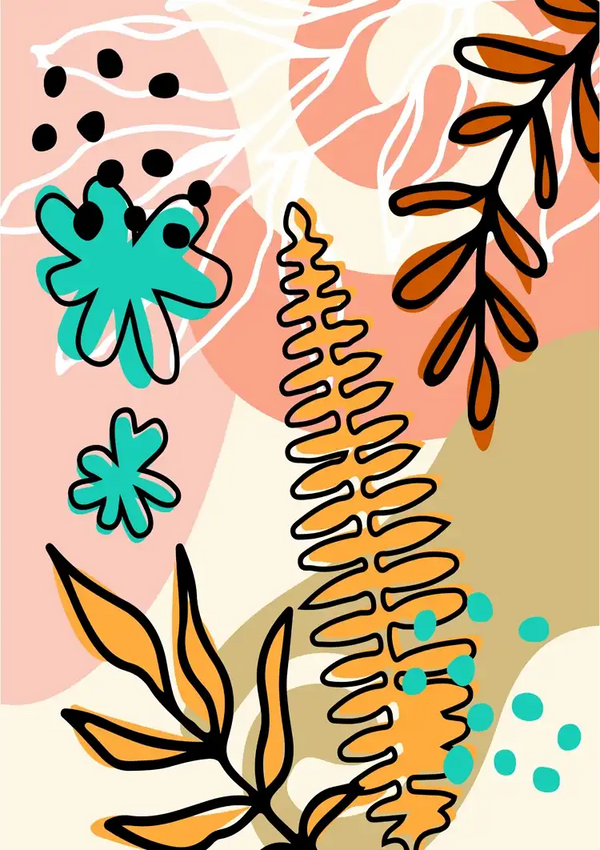 Een abstract Botanische Vormen Schilderij, perfect voor wanddecoratie, met verschillende tropische bladeren en varens in oranje, bruine en zwarte contouren. De achtergrond bevat organische vormen in beige, roze, groen en wit. Groene en zwarte klodderachtige vormen zijn overal verspreid. Ideaal met een magnetisch ophangsysteem van CollageDepot.