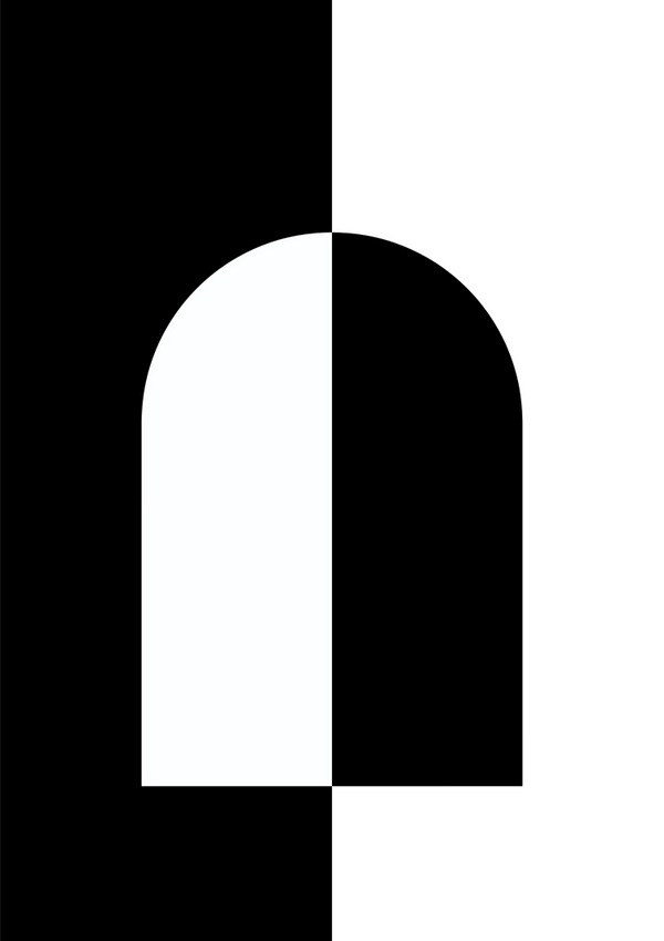 Een verticale zwarte rechthoek aan de linkerkant met een witte halve cirkeluitsnede aan de rechterkant, die overgaat in een witte achtergrond. Dit Symmetrische Zwart-Wit Schilderij van CollageDepot, perfect als wanddecoratie, heeft een halve cirkel die doorloopt in de zwarte rechthoek en een symmetrische vorm creëert met scherp contrast.