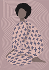 Illustratie van een persoon met een afrokapsel, met gekruiste benen, van achteren gezien. Ze dragen een outfit met patronen tegen een wervelende lavendelachtergrond met aa 089 - grafische kunst van CollageDepot.-