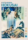 Een Japanse houtsnede van Katsushika Hokusai met twee mensen in traditionele kleding die bij een strohut staan en de Yoro-waterval in de provincie Mino observeren. Het kunstwerk bevat Japanse tekst en de prominent weergegeven naam van de kunstenaar is verkrijgbaar als aaa 010 - japans bij CollageDepot.-