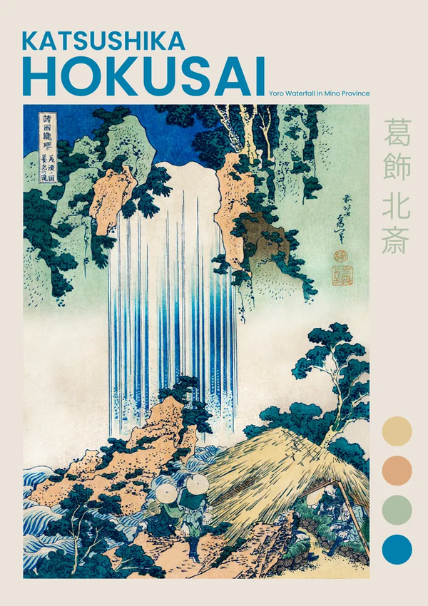 Een Japanse houtsnede van Katsushika Hokusai met twee mensen in traditionele kleding die bij een strohut staan en de Yoro-waterval in de provincie Mino observeren. Het kunstwerk bevat Japanse tekst en de prominent weergegeven naam van de kunstenaar is verkrijgbaar als aaa 010 - japans bij CollageDepot.-