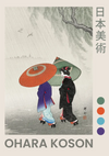 Twee personen met traditionele kleding en parasols in de regen. Boomtakken en een gebouw bevinden zich op de achtergrond. Er staat Japanse tekst in de rechterbovenhoek. De naam "Ohara Koson" staat onderaan, samen met groene, blauwe, paarse, oranje en blauwgroen cirkels. Het afgebeelde product is "aaa 013 - japans" van CollageDepot.-