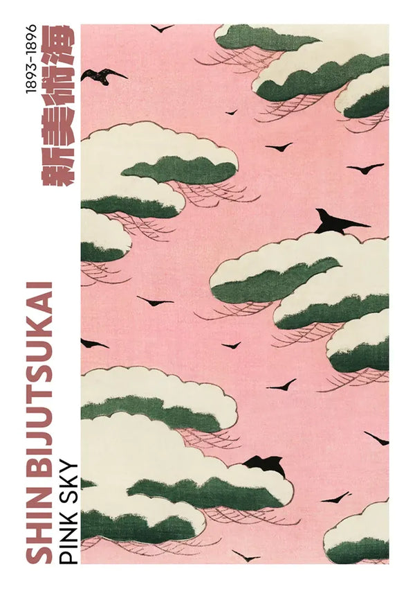 Een grafisch beeld met een roze achtergrond met gestileerde groene en witte wolken en zwarte vogels tijdens de vlucht. De afbeelding heeft aan de linkerkant verticale tekst met de tekst "aaa 024 - japans" en de cijfers "1893-1896. © CollageDepot.-