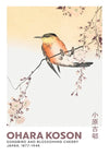 Een prent van Ohara Koson met een zangvogel die op een bloeiende kersentak zit. De naam van de kunstenaar, de levensduur (1877-1945) en de woorden "aaa 026 - japans" verschijnen onderaan, samen met Japanse karakters. Verkrijgbaar bij CollageDepot.-