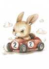 Een illustratie van een konijn dat een kleine rode raceauto bestuurt met het nummer 22 erop. Het konijn lijkt gefocust terwijl hij rijdt, en er zijn een paar kleine wolkjes op de achtergrond. De algehele stijl is schattig en speels, perfect voor de CollageDepot dcc 034 - kindercollectie.-