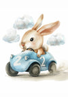 Een aquarelillustratie van een vrolijk konijn dat een kleine blauwe raceauto bestuurt, genummerd "2." Het konijn lijkt opgetogen terwijl pluizige wolken de achtergrond sieren. De auto is rijdend afgebeeld, wat suggereert dat het konijn actief rijdt, waardoor hij perfect is voor wanddecoratie. Dit stuk staat bekend als Konijn In Blauwe Raceauto Schilderij van CollageDepot.-