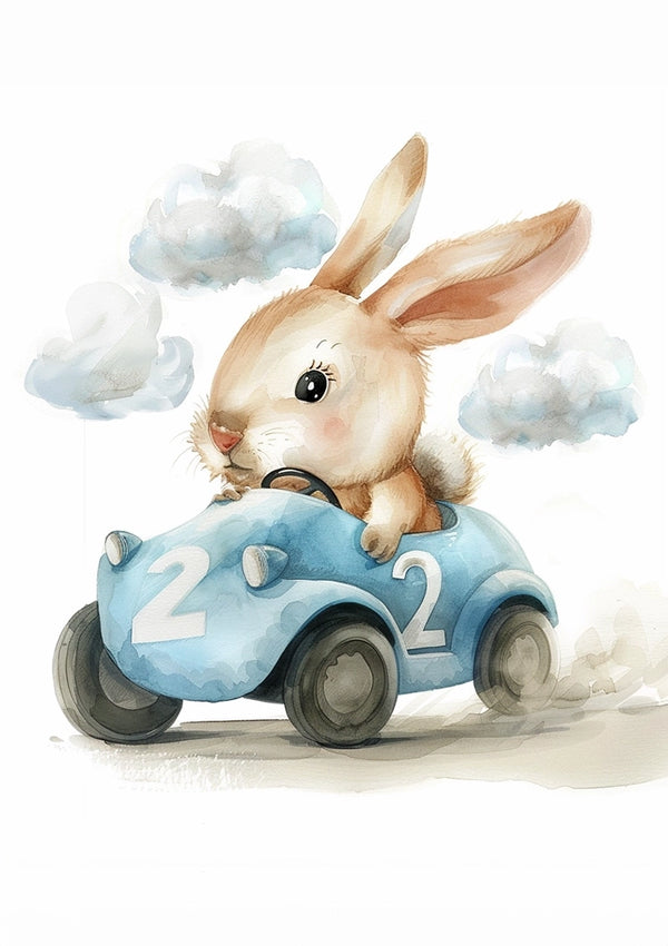 Een aquarelillustratie van een vrolijk konijn dat een kleine blauwe raceauto bestuurt, genummerd "2." Het konijn lijkt opgetogen terwijl pluizige wolken de achtergrond sieren. De auto is rijdend afgebeeld, wat suggereert dat het konijn actief rijdt, waardoor hij perfect is voor wanddecoratie. Dit stuk staat bekend als Konijn In Blauwe Raceauto Schilderij van CollageDepot.-