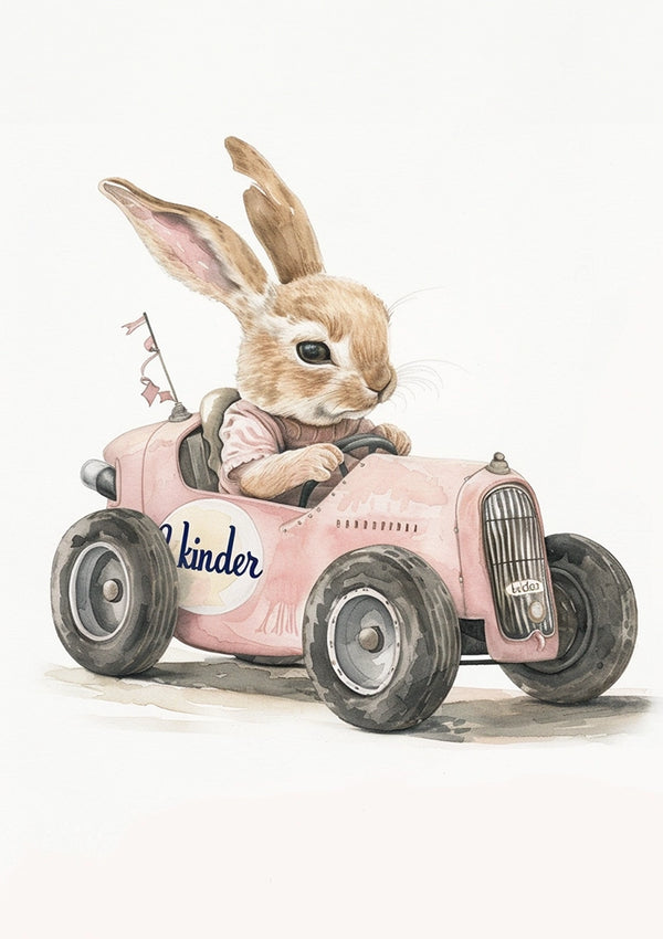 Illustratie van een konijn dat een kleine roze speelgoedauto in vintage-stijl bestuurt met de woorden "dcc 030 - kids" van CollageDepot op de zijkant. Het konijn lijkt gefocust en houdt het stuur met beide poten vast. De auto is gedetailleerd met grote wielen en een grille aan de voorkant.-
