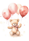 Een aquarelillustratie van een teddybeer die drie ballonnen vasthoudt. De teddybeer is lichtbruin met een roze strik om zijn nek. De ballonnen zijn rood, roze en crèmekleurig en de achtergrond heeft lichte, abstracte spatten. Introductie van dcc 025 - kids van CollageDepot.-