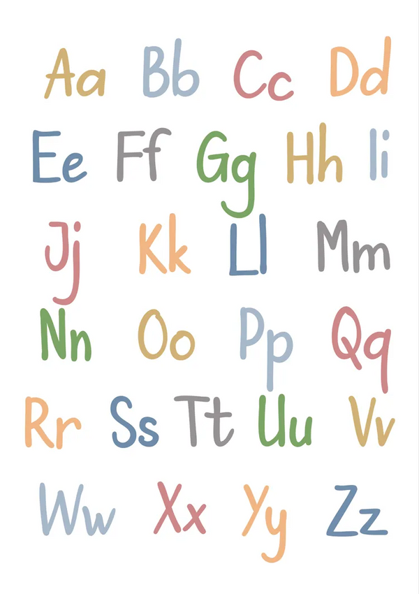 Handgetekend alfabetdiagram met zowel hoofdletters als kleine letters van A tot Z in verschillende kleuren. De letters zijn gerangschikt in een rasterpatroon, waarbij elk paar (hoofdletters en kleine letters) naast elkaar is geplaatst. Maak kennis met de dcc 015 - kids van CollageDepot!-