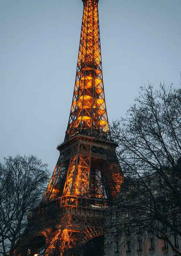 De Eiffeltoren verlicht met warme lichten tegen een schemerige hemel, gedeeltelijk verduisterd door kale boomtakken en aangrenzende gebouwen, zorgt voor een boeiende wanddecoratie. Stel je deze iconische scène voor als een Verlichte Eiffeltoren Schilderij van CollageDepot, dat elke ruimte transformeert met zijn tijdloze charme.-