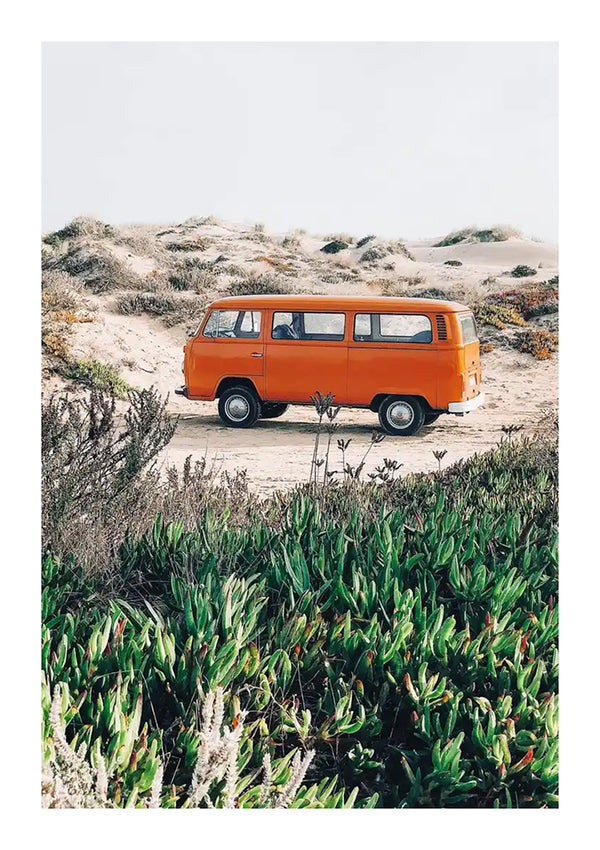 Zin met vervangen productnaam en merknaam: Een vintage oranje CollageDepot cc 071 - natuurbus geparkeerd tussen groene struikgewas op zandduinen onder een wazige hemel.-