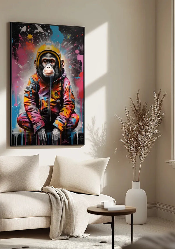 Een woonkamer met beige meubels en een lichtgekleurde muur, met een groot, kleurrijk Chimpansee Met Astronautenpak Schilderij van CollageDepot. De wanddecoratie profiteert van natuurlijk licht dat door het raam naar binnen filtert, wat de moderne esthetiek accentueert met zijn ronde witte tafel en vaas met gedroogde planten.,Zwart