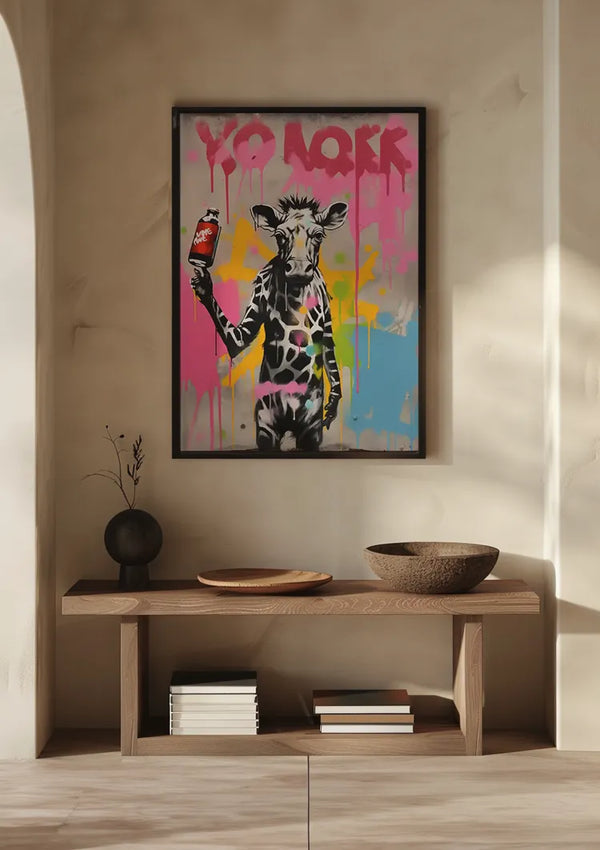 Aan de muur hangt een ingelijst schilderij Giraffe Met Spuitbus van CollageDepot. De giraffe heeft een mensachtige houding tegen een kleurrijke, graffiti-achtige achtergrond met de woorden "YO LOVE" bovenaan gespoten. Op een plank eronder staat een vaas met gedroogde planten, vastgezet door een magnetisch ophangsysteem.,Zwart