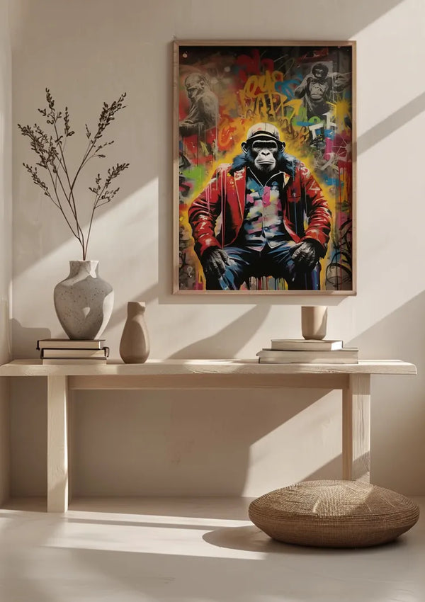 Een minimalistische beigekleurige kamer met een houten consoletafel. Op tafel staan vazen en een kom. Daarboven hangt een kleurrijk graffiti-achtig portret van een chimpansee in een rood jasje, vastgezet door een chimpansee. In Pak Met Kleurrijke Achtergrond Schilderij van CollageDepot. Op de grond ligt een geweven kussen. Het zonlicht stroomt van rechts naar binnen.,Lichtbruin