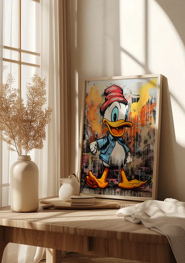 Een ingelijst Urban Donald Duck-schilderij van CollageDepot, met het geliefde personage in een rode hoed, blauw jasje en gele schoenen, staat tegen een muur op een houten oppervlak. De setting bestaat uit beige gordijnen, een raam en decoratieve items zoals vazen en een kleed op tafel. Perfecte wanddecoratie met optioneel magnetisch ophangsysteem.,Lichtbruin