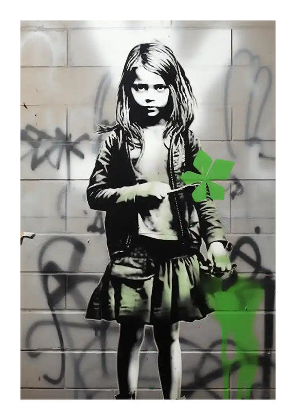 Een zwart-witte straatkunstmuurschildering aan de muur toont een jong meisje met een serieuze uitdrukking in haar handen, dat een groen gespoten klavertje vier vasthoudt. Het CollageDepot Graffiti Girl Klavertje Vier Schilderij, met zijn ingewikkelde wanddecoratie en magnetische charme, speelt zich af tegen een achtergrond bedekt met verschillende graffiti-tags en -ontwerpen.