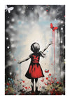 Een gestileerd schilderij van een meisje in een rode jurk die naar een vlinder reikt, met een sombere, spetterende achtergrond in grijs-, wit- en roodtinten. Extra verfspatten en vlinders versterken het abstracte gevoel van CollageDepot's bba 003 - pop art.-