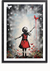 A Meisje Reikt Naar Vlinders Schilderij van CollageDepot toont een meisje in een rode jurk, met haar rug naar de kijker gericht. Ze reikt naar een rode vlinder aan haar rechterhand. De achtergrond is een mix van donkere en lichte kleuren met verfspatten, en in de linkerbovenhoek is een witte vlinder te zien, waardoor het een betoverende wanddecoratie is.,Zwart-Met,Lichtbruin-Met,showOne,Met