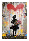 Kunststuk met een silhouet van een kind dat bloemen vasthoudt, tegen een spetterende achtergrond met een groot, druipend rood hart erboven. De achtergrond bevat levendige stippen in verschillende kleuren uit de bba 004 - pop-art van CollageDepot.-