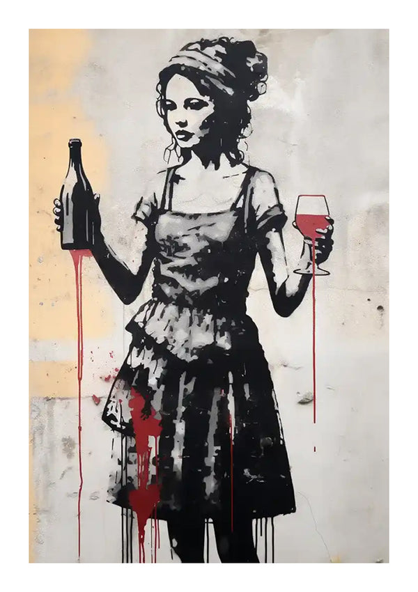 Een zwart-wit stencil-straatkunstbeeld toont een vrouw die een wijnfles in de ene hand en een wijnglas in de andere hand houdt. De fles en het glas zijn voorzien van rode verfdruppels, wat duidt op gemorste wijn. De vrouw draagt een hoofddoek en een jurk met een gelaagde rok, waardoor het een intrigerend Vrouw In Jurk Met Druipende Wijn Schilderij van CollageDepot is voor elke ruimte.-