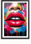 Een CollageDepot Artistieke Graffiti Felrode Lippen Schilderij met een close-up van iemands mond en neus, met felrode lippen glanzend en helder tegen witte tanden. De achtergrond is een abstracte mix van spetterende verf in levendige tinten zoals blauw, roze, oranje en geel, versterkt door een magnetisch ophangsysteem voor eenvoudige weergave.,Zwart-Met,Lichtbruin-Met,showOne,Met