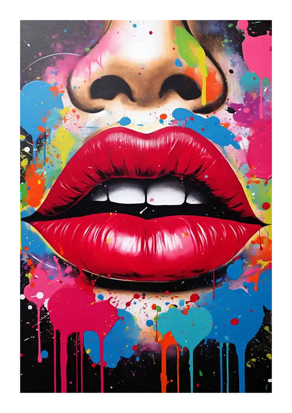 Een levendig en kleurrijk schilderij met een close-up van Artistieke Graffiti Felrode Lippen Schilderij en een neus van CollageDepot. De achtergrond is bespat met verschillende kleuren, waaronder blauw, roze, geel en groen. De lippen zijn gedetailleerd en glanzend en vallen op tegen de abstracte achtergrond van dit graffitischilderij.-