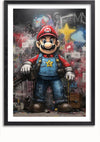 Een Ruige Super Mario Graffiti-schilderij van CollageDepot met een personage dat lijkt op Mario uit de Super Mario-serie. Hij is gekleed in zijn traditionele rode hoed en blauwe overall, maar ziet er ruiger uit met graffiti en verschillende objecten op de achtergrond, waardoor een uniek kunstwerk ontstaat.,Zwart-Met,Lichtbruin-Met,showOne,Met