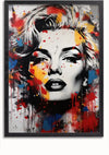 Een ingelijst abstract kleurrijk Marilyn Monroe-schilderij van CollageDepot toont een zwart-wit portret van het gezicht van een vrouw met levendige spatten gele, rode, blauwe en oranje verf. De kleuren worden in een gedurfde, druipende stijl toegepast, waardoor een dynamisch effect aan de compositie wordt toegevoegd. Deze opvallende wanddecoratie wordt geleverd met een magnetisch ophangsysteem voor eenvoudige installatie.