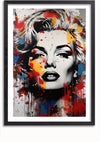 Een ingelijst kleurrijk Marilyn Monroe-schilderij van CollageDepot toont het gezicht van een vrouw in grijstinten met spatten rode, oranje, gele en blauwe verf. Het portret heeft volle lippen, prominente ogen en gestyled haar, waarbij realisme en abstracte elementen samenkomen. Deze opvallende wanddecoratie is voorzien van een handig magnetisch ophangsysteem.