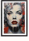 Een ingelijst schilderij toont een close-up van het gezicht van een vrouw met licht haar en opvallende rode lippen. Het kunstwerk, in een abstracte stijl, bevat rode verfspatten en -druppels over het gezicht voor een dramatisch effect. Dit boeiende Opvallende Graffiti Portret Vrouw Schilderij van CollageDepot wordt geleverd met een handig magnetisch ophangsysteem voor eenvoudige weergave.