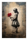 Een schilderij in graffitistijl in grijstinten toont een jong meisje met een paardenstaart en een jurk, terwijl ze een boeket felrode bloemen vasthoudt. De achtergrond lijkt een verweerde muur met verfdruppels te zijn. Dit wanddecoratie kunstwerk, getiteld Silhouet Meisje Met Rood Boeket Schilderij van CollageDepot, compleet met een sombere, reflecterende sfeer, kan worden weergegeven met behulp van een magnetisch ophangsysteem.-