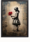 Een ingelijst straatkunstwerk toont een jong meisje in een jurk die een boeket rode bloemen vasthoudt. De achtergrond is een mix van gedempte kleuren met druipende verf, waardoor het beeld een verweerde uitstraling krijgt. Dit Silhouet Meisje Met Rood Boeket Schilderij van CollageDepot, compleet met een magnetisch ophangsysteem, portretteert een contemplatieve sfeer.,Zwart-Zonder,Lichtbruin-Zonder,showOne,Zonder