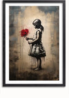 Een ingelijst CollageDepot Silhouet Meisje Met Rood Boeket Schilderij toont een jong meisje in een jurk met een boeket rode bloemen in de hand. De achtergrond is een mix van neutrale en gedempte tinten met verticaal lopende verfstrepen. Als boeiende wanddecoratie staat het meisje met haar gezicht naar links, met haar hoofd iets naar beneden gekanteld.,Zwart-Met,Lichtbruin-Met,showOne,Met