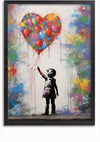Een ingelijst Kind Reikt Naar Hartvormige Ballon Schilderij van CollageDepot toont een kind in een rok die omhoog reikt naar een grote, hartvormige cluster van kleurrijke ballonnen. De achtergrond is voorzien van levendige spatten van verschillende kleuren, wat bijdraagt aan de dynamische uitstraling van het graffitikunstwerk, waardoor het een opvallende wanddecoratie wordt.,Zwart-Zonder,Lichtbruin-Zonder,showOne,Zonder